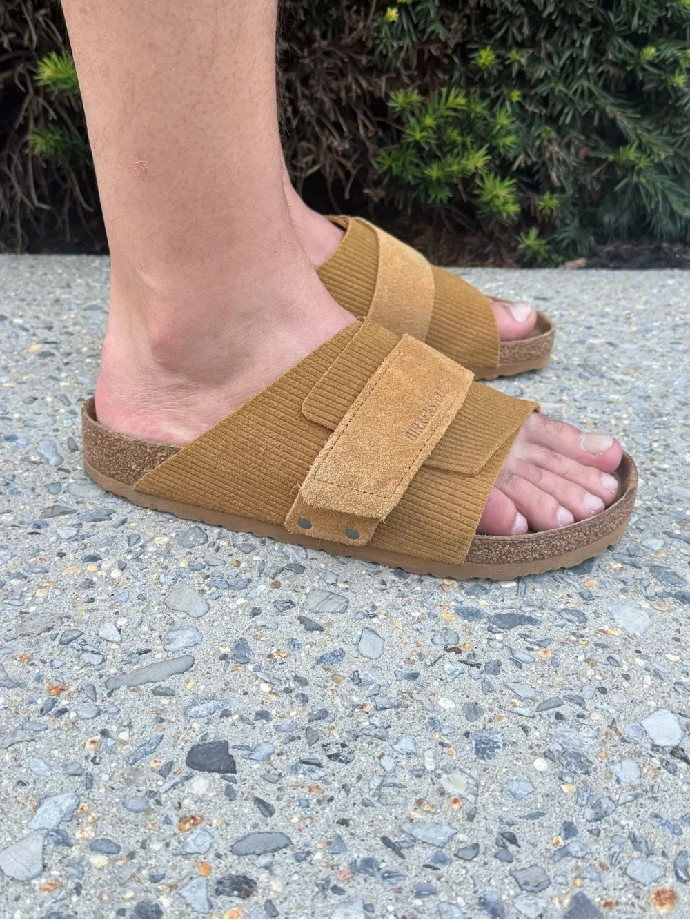 Birkenstock Men's Buckle Slide Sandals in Tan Brown